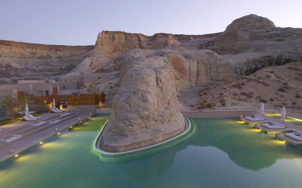 Luxury desert retreat Amangiri seamlessly built into Utah’s sandstone cliffs, offering minimalist architecture and private plunge pools.